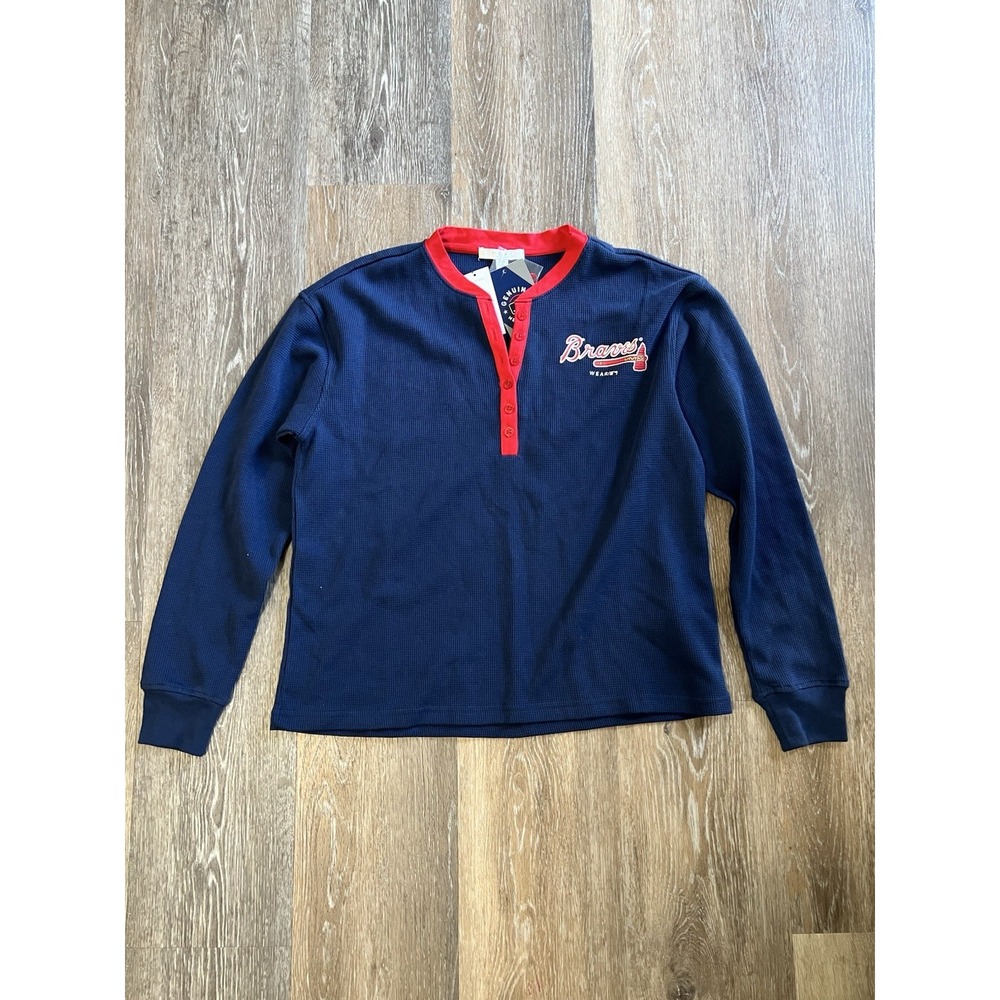 Women's Atlanta Braves WEAR By Erin Andrews Navy Waffle Henley Long Sleeve Tshir